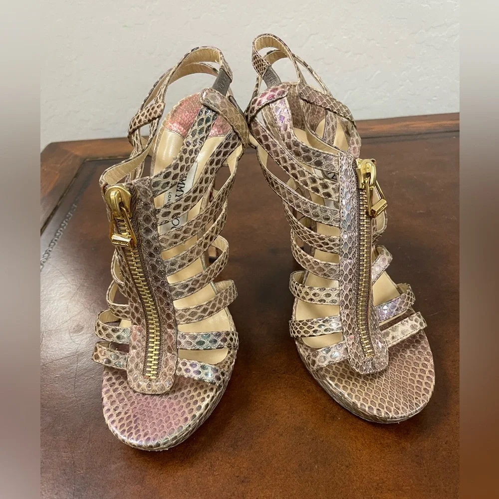 JIMMY CHOO 'Glenys' Platform Iridescent Snakeskin Cage‎ Sandals Size 39 $1295